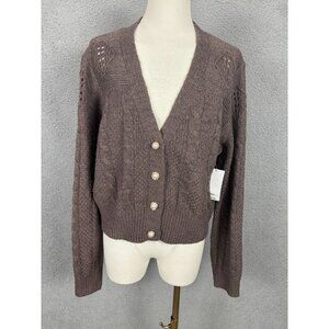 Sugar Moon Juniors Women's Cable-Knit Bling-Button Cardigan Sweater Brown XL NWT